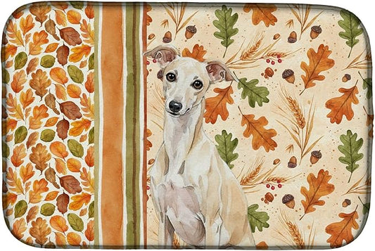 Caroline's Treasures Cream Italian Greyhound Heirloom Fall Dish Drying Mat Absorbent Dish Drying Mat Pad for Kitchen Counter Dish Drainer Mat for Countertop, 14 x 21", Multicolor