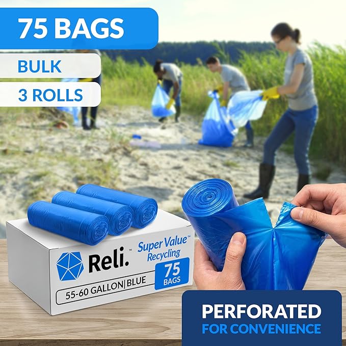 Reli. SuperValue 55-60 Gallon Recycling Bags | 75 Count | Blue Trash Bags | Made in the USA