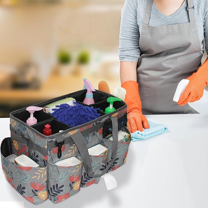 Wearable Cleaning Caddy Bag, Kitchen Supplies Organizer with Handle&Shoulder Strap, Under Sink&Car Cleaning Tool Tote with 4 Foldable Dividers for Housekeepers Cleaners (Grey Floral)
