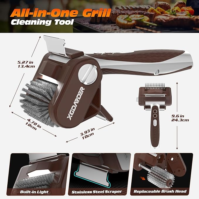 Electric Grill Brush for Outdoor Grill, Rechargeable BBQ Grill Cleaner Stainless Steel Brush with 450RPM Stainless Roller,LED Light, Scraper,Grilling Gifts for Men/Dad