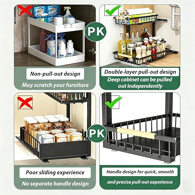 2 Pack Under Sink Organizer, 2-Tier Pull Out Kitchen Cabinet Organizer, Height Adjustable Metal Slide Out Bathroom Organizers and Storage Makeup Drawer Organizer for Office Bedroom (B-Black, 2Pack)