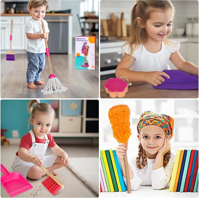 Masthome Wooden Kids Cleaning Set, 8 Pcs Toddler Housekeeping Pretend Play Toys, Broom Mop Dustpan Duster Cleaning Tools with Storage Stand, Educational Life Skill Play Kit for Boys GirlsAges 3+