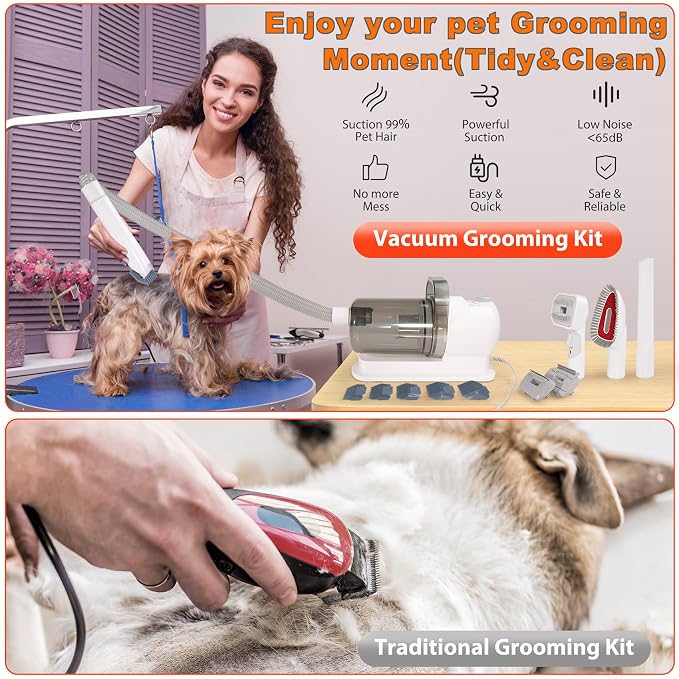 Dog Grooming Vacuum Kit & Pet Clipper - 6-in-1 Shedding Brush with 99% Hair Suction, 6 Grooming Combs Included