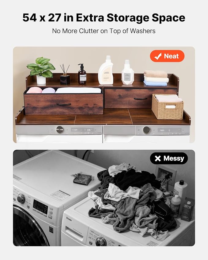 VEVOR 2 Drawers Washer Dryer Countertop with Shelf, 54" x 27" Wooden Laundry Countertop with 2 Hooks & Splicing Panels, Washer and Dryer Topper, Laundry Room Organization and Storage, Brown