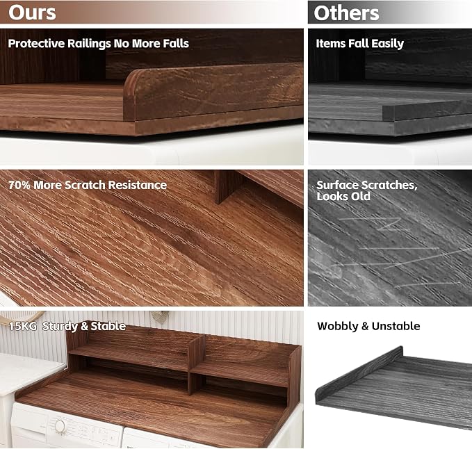 2 Tier Wooden Washer Dryer Topper, Large Laundry Countertop Cover, Walnut | Washer And Dryer Topper Non-Slip Pads,Over Washer And Dryer Shelves For Clothes Folding,Space Saving Laundry Room Organizer