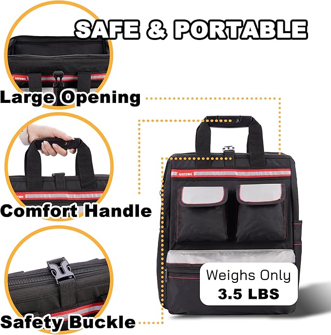 Backpack Tool Bag with Padded Back Support Heavy Duty Tool Kit Carrier Storage Bags for Electrician, Plumber, HVAC, Cable Repairman