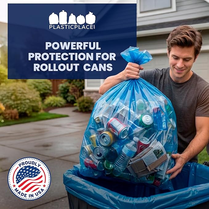 Plasticplace 95 Gallon Recycling Trash Bags, 61"W x 68"H, 1.5 Mil, Blue, 25 Count (Pack of 1)