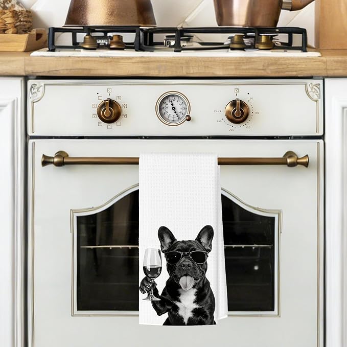 Funny French Bulldog Wine Bar Kitchen Towels, French Bulldog Gifts for Women Decorative Hand Towels for Kitchen Decor, Frenchie Mom Gifts Dish Tea Towel, 16x24 Inch