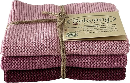 Solwang 3-Piece Danish Cotton Dishcloths in 100% Certified Organic Cotton Made in India (Plum Organic Combi)