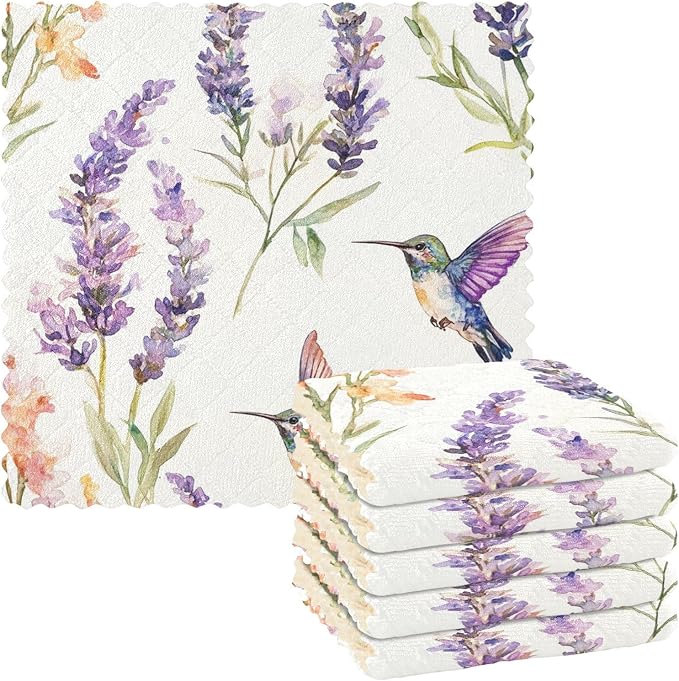 Lavender Hummingbird Kitchen Towels Dish Cloths Set of 6 Microfiber Cleaning Cloths for Cars Super Absorbent Machine