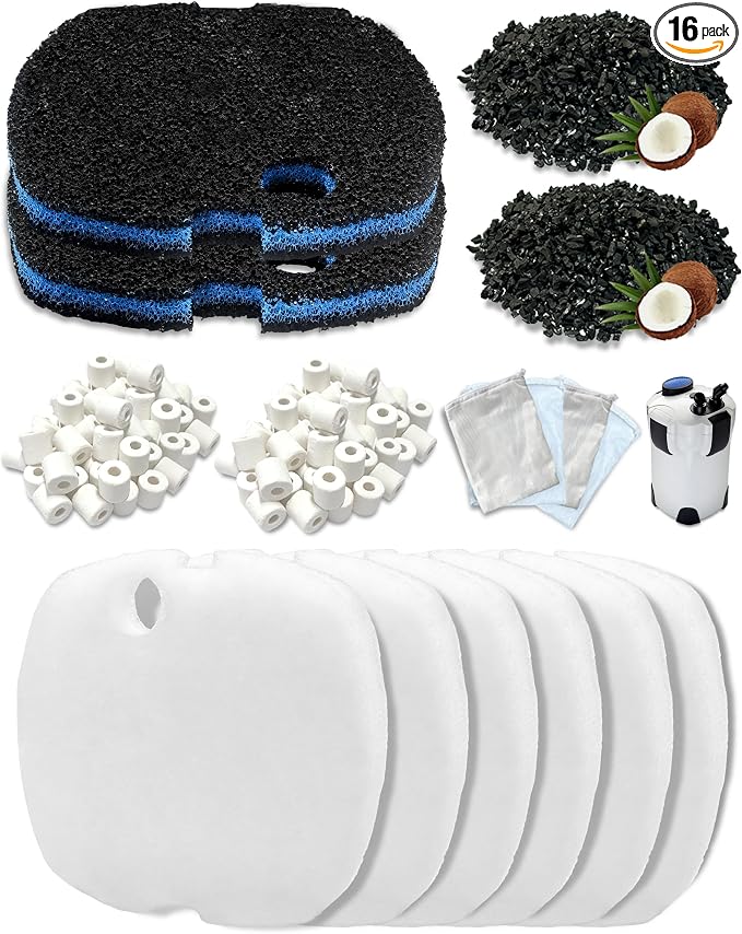 16-Piece Filter Media Replacement for SUNSUN HW-302 Canister Filter (264 GPH), Includes 6 Filter Pads, 2 Activated Carbons, 2 Ceramic Rings & 4 Mesh Bags, for Freshwater & Saltwater Aquariums