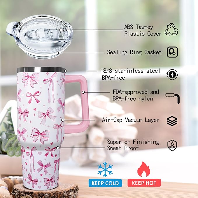 Ceovfoi 40 Oz Pink Bow Tumbler With Handle, Pink Bow Decor Coffee Travel Mug Cup Water Bottle, Gifts for Women Girls