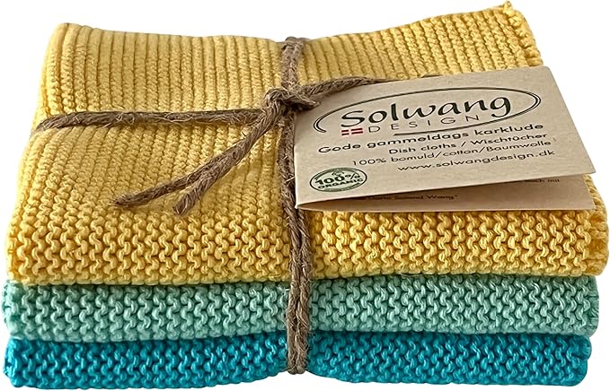 Solwang 3-Piece Danish Cotton Dishcloths in 100% Certified Organic Cotton Made in India (Beach Combi Organic)