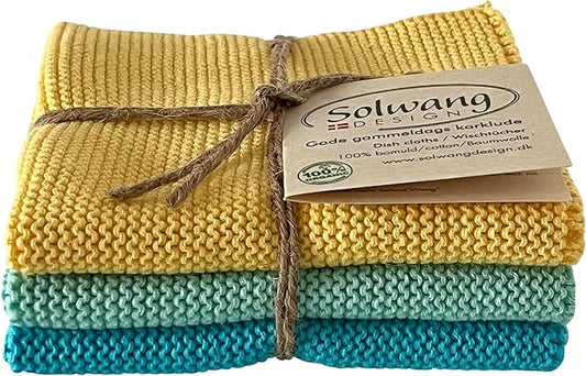 Solwang 3-Piece Danish Cotton Dishcloths in 100% Certified Organic Cotton Made in India (Beach Combi Organic)