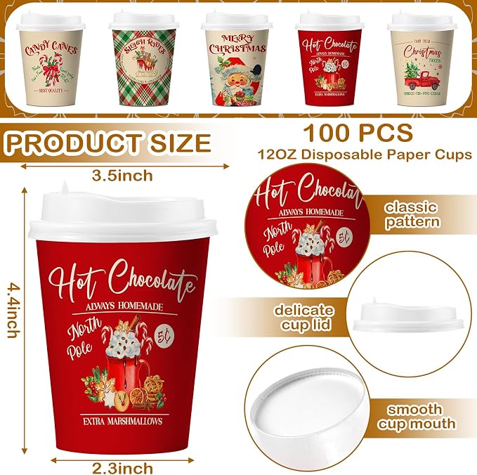 Gerrii 100 Set Christmas Paper Cups Disposable 12 oz with Lids Hot Chocolate Cups Coffee Cups Holiday Hot Cups for Hot and Cold Drinks Tea Water Bar Supplies Winter Season (Classic Style)