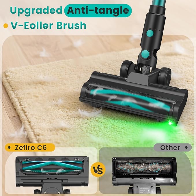 Zefiro 350W Cordless Vacuum Cleaner,45Mins Runtime Vacuum Cleaners for Home, Anti-Tangle and 1.5L Dust Cup, Lightweight Vacuum for Hardwood Floor Carpet Pet Hair (Green)