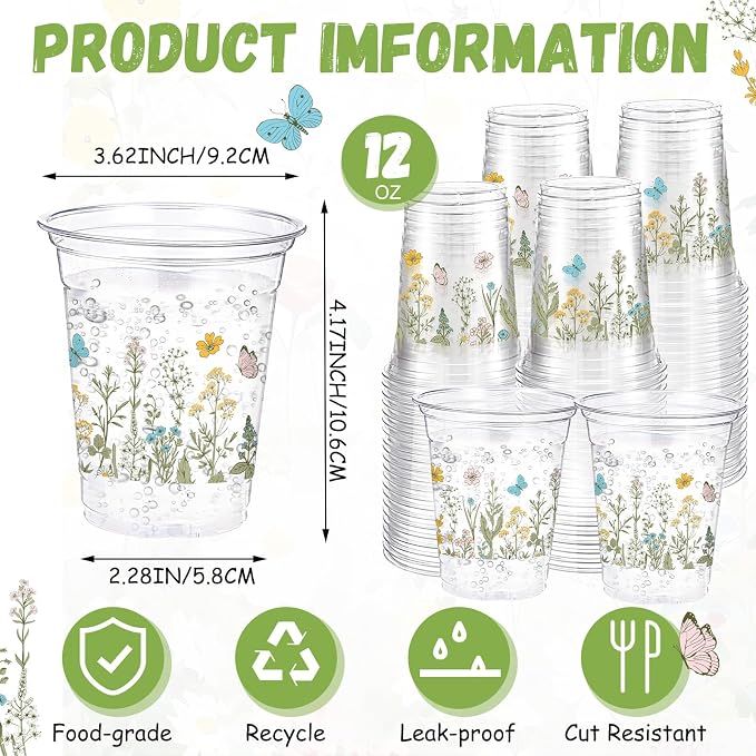 100 Pack Wildflowers Plastic Cups 12 oz Flower Floral Botanical Disposable Clear Plastic Drinking Cups Bulk for Summer Spring Wedding Bridal Baby Shower Birthday Party Decoration Supplies