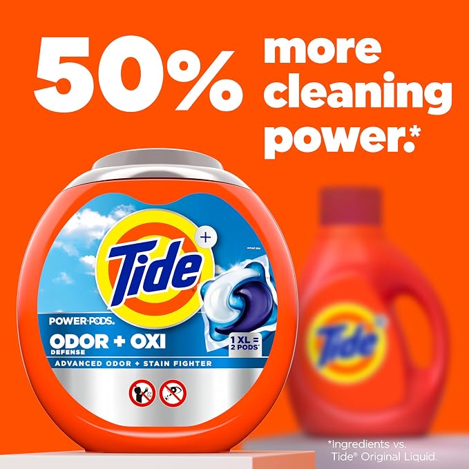 Tide Odor Defense + Oxi Laundry Detergent Pacs, Original Scent, 18 Count, Advanced Odor + Stain Fighter, laudry soap washing detergent pacs (Pack of 4)