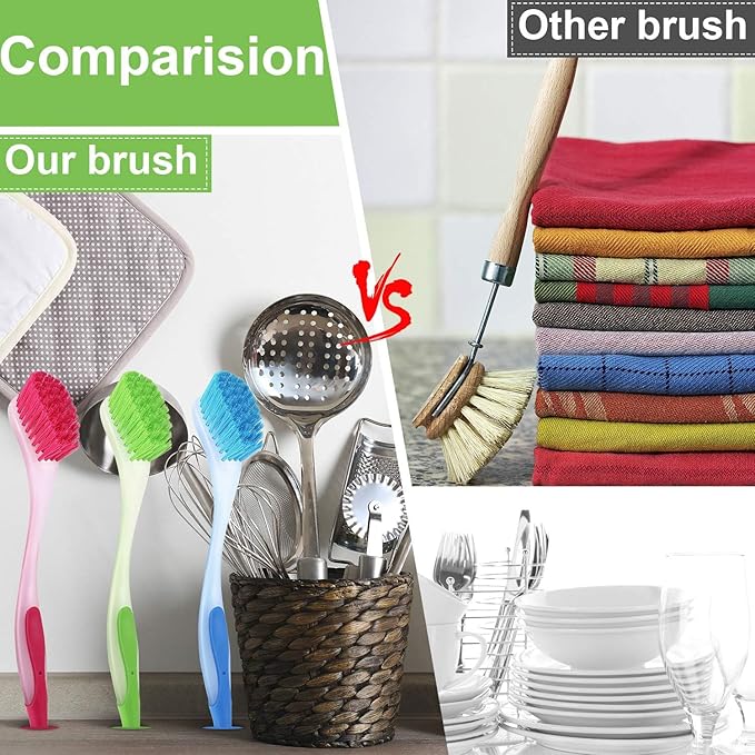 Boao 10 Pieces Long Dish Brush with Handle Assorted Color Dishwashing Brush with Suction Cup Multipurpose Cleaning Tool for Kitchen, Toilet, Etc