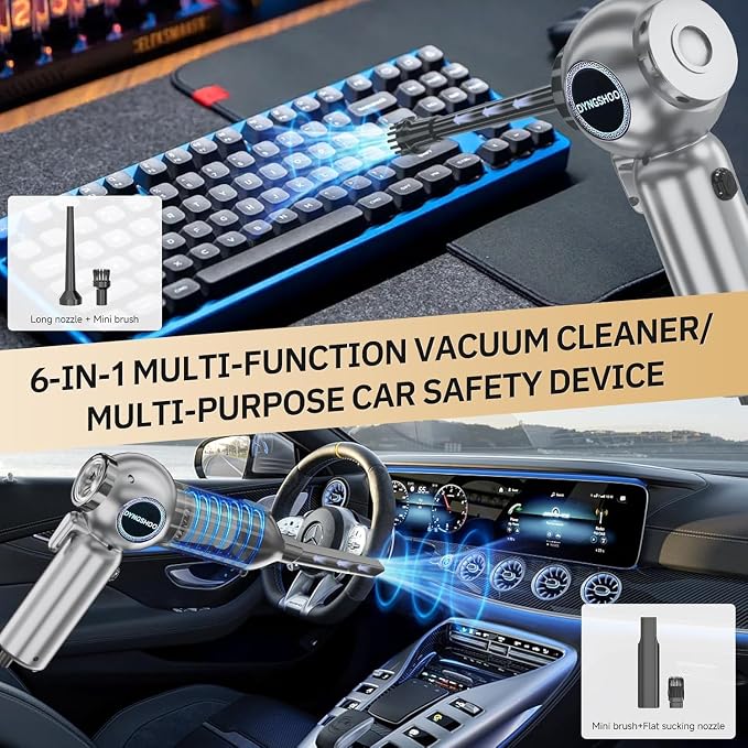Brushless Handheld Car Vacuum （Equipped with a one-Touch Window Breaker and Seatbelt Cutter ）25000Pa Ultra-Strong Suction Ultra-Lightweight Mini Portable Vacuum Cleaner ，For Car ，Home (Grey)