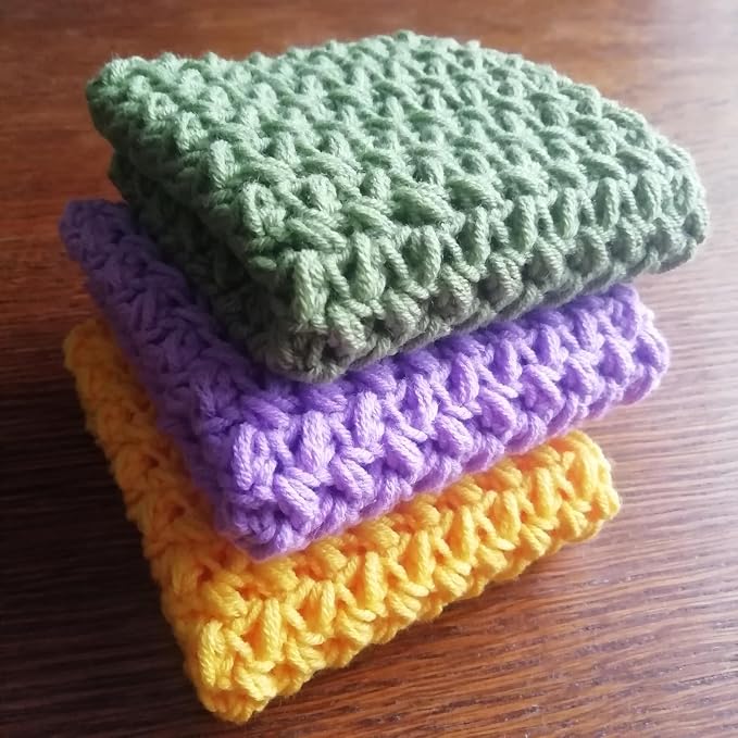 Cotton Dish Rags Pack Crochet Reusable Dish Cloth Yellow Green Lilac Widely Use Granny Square Set 3 Knitted Absorbent Flap