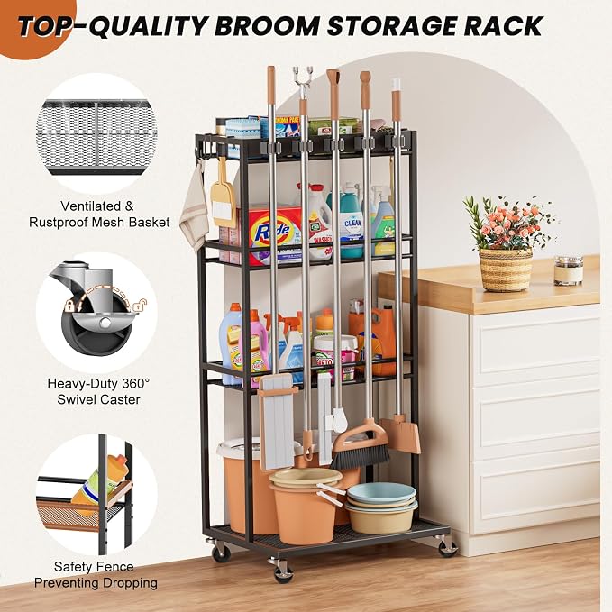 Olakee Taller Broom Holder with Cleaning Supplies Organizer, Broom Closet Storage Cabinet with Mop Hanger Gripper Rack Hooks, Housekeeping Janitorial Cart with Cleaning Caddy, Garage Home Improvement