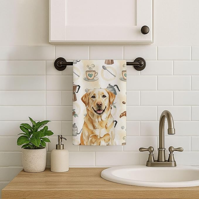 Caroline's Treasures Yellow Labrador Retriever Coffee Bar Kitchen Towel Velour Plush Front and Cotton Loop Back Machine Washable