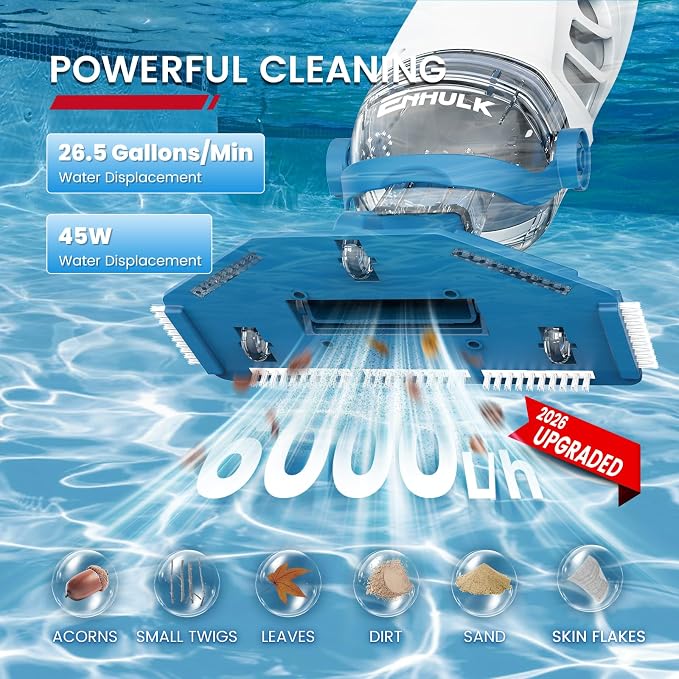 ENHULK PC68 Pro Pool Vacuum for Above Ground Pool with 9' Extension Pole, 4 Filters, 26.5 Gallons/Min Powerful Suction, 1H Runtime, Cordless Handheld Pool Cleaner for Above/Inground Pools