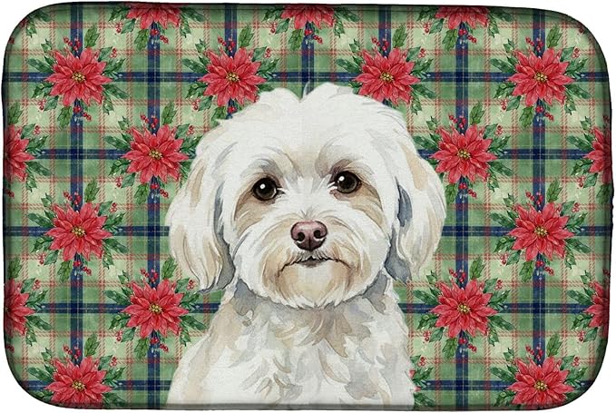 Caroline's Treasures White Havanese Christmas PoinsettIas Dish Drying Mat Absorbent Dish Drying Mat Pad for Kitchen Counter Dish Drainer Mat for Countertop, 14 x 21", Multicolor