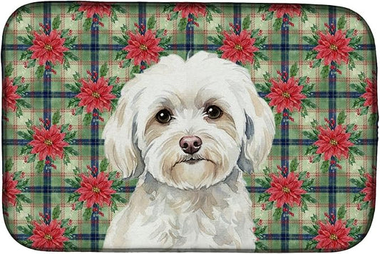 Caroline's Treasures White Havanese Christmas PoinsettIas Dish Drying Mat Absorbent Dish Drying Mat Pad for Kitchen Counter Dish Drainer Mat for Countertop, 14 x 21", Multicolor