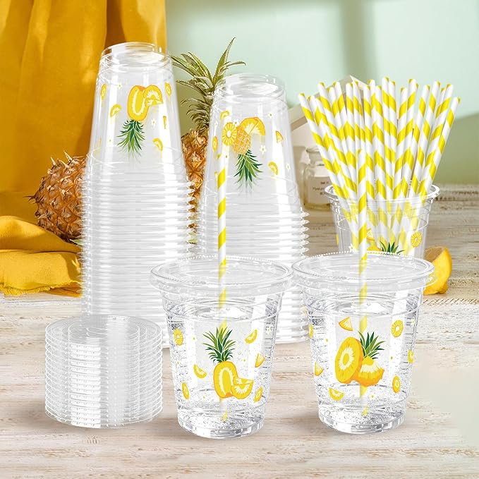50 Sets Pineapple Plastic Cups with Lids Straws 12 oz Tropical Fruit Disposable Cups Summer Party Favor Drinking Beverage Cup for Baby Shower Birthday Party Supplies