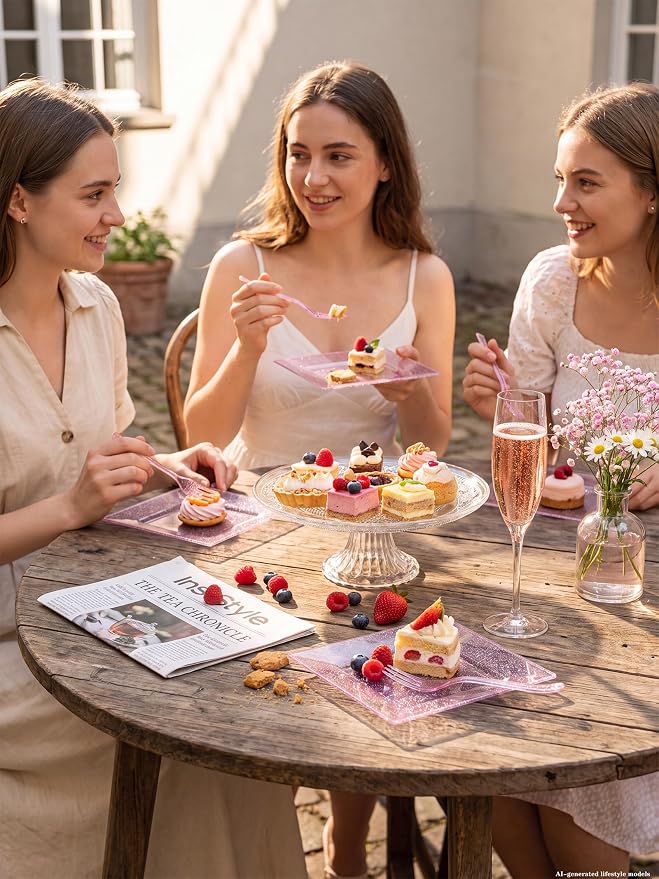 DaYammi 200 Pcs Pink Dessert Plates Including 100Pcs Appetizer plates 6'',100Pcs Plastic Forks 5.7'',Rose Glitter Plastic Square Plate for Wedding,Pink Cake plates and forks for Party Bridal Shower