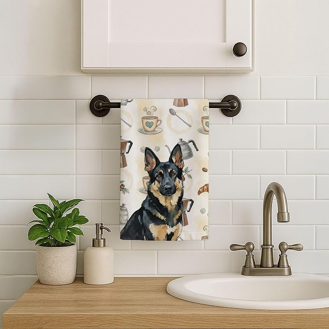 Caroline's Treasures Black and Tan German Shepherd Coffee Bar Kitchen Towel Velour Plush Front and Cotton Loop Back Machine Washable