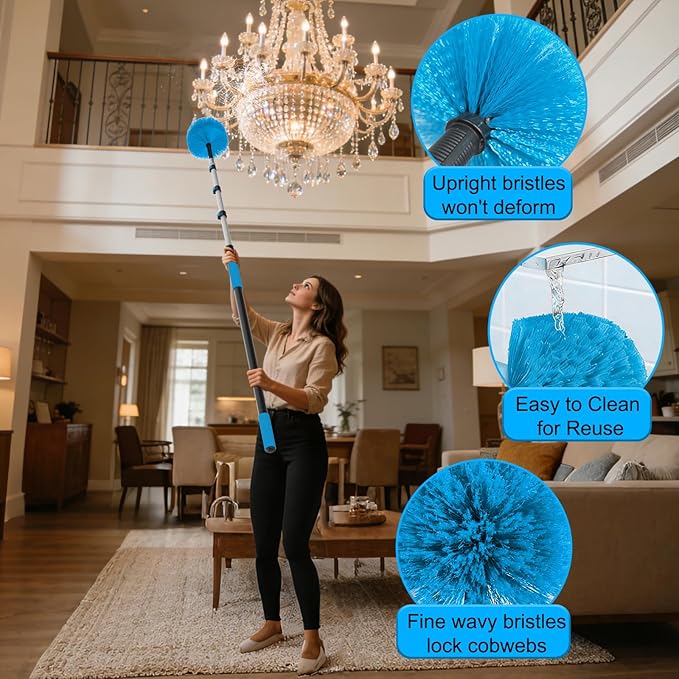 15FT Reach Cobweb Duster with Extension Pole - Spider Web Brush for Cleaning with 3-12FT 4-Section Flip-Lock Telescopic Pole, Effortlessly Cleans High Indoor & Outdoor Webs