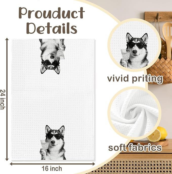 Funny Husky Kitchen Towels Set of 2, Dog Kitchen Bar Accessories, Dog Chef Gifts for Women Decorative Hand Towels for Kitchen Decor, Husky Lovers Dish Tea Towel, 16x24 Inch