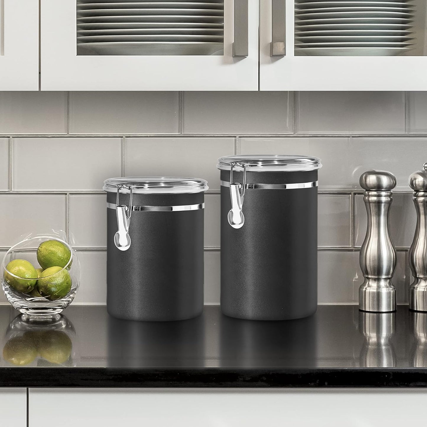 Oggi Stainless Steel Kitchen Canister 26 fl oz, Black - Airtight Clamp Lid, Clear See-Thru Top - Ideal for Kitchen Storage, Food Storage, Pantry Storage. Size 5" x 3.5".