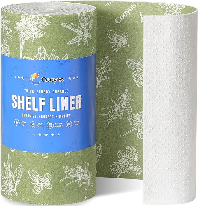 Cooyes Shelf Liner for Refrigerator & Drawer, Non-Adhesive Cabinets Liner for Kitchen Cupboard & Fridge, Breathable Cloth Material, Vegetable-Patterned, 12" x 360", Sage Green