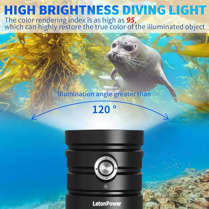 Diving Flashlight,LetonPower TS Pro 25000Lumens Underwater 100m Video Light, Scuba Dive Light, with Type-C Charging for Professional Outdoor Under Water Sports