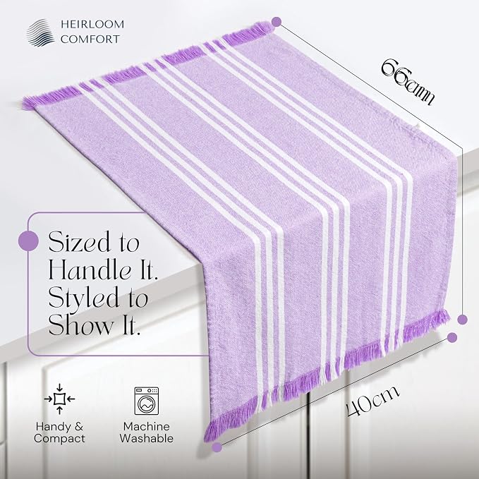 Monochrome Stripe 100% Cotton Dish Towels Set of 5, Decorative Fringes, 16x26 Inch, Quick Dry, Absorbent & Reusable for Cleaning, Cooking, Kitchen Decor, Machine Washable, Lavender