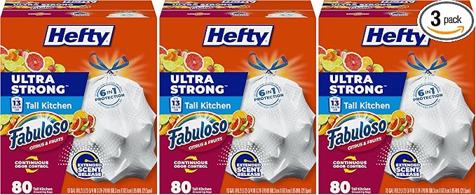 Hefty Ultra Strong 13 Gallon Trash Bags, Tall Kitchen Trash Bags 13 Gallon Size, White, Fabuloso Citrus & Fruits Scent, 80 Bags (Pack of 3)