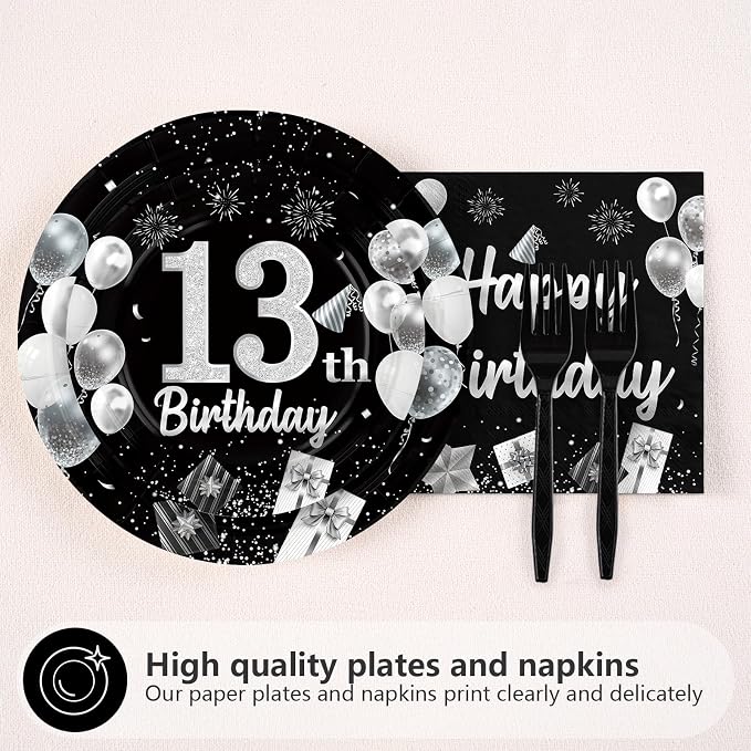 96Pcs 13th Black and Silver Birthday Party Supplies Cheers to 13 Years Plates and Napkins Disposable Happy 13th Birthday Tableware Set for 13 Years Old Graduation Party Serves 24