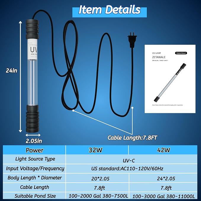 Pond UV Light for Fish Tank UV Pond Water Clarifier for 100-3000 Gallon UV Pond Filter for Koi Pond Swimming Pool, Spa, Large Fish Tank UV Light Aquarium for Outdoor Pond Algae Control（42W）