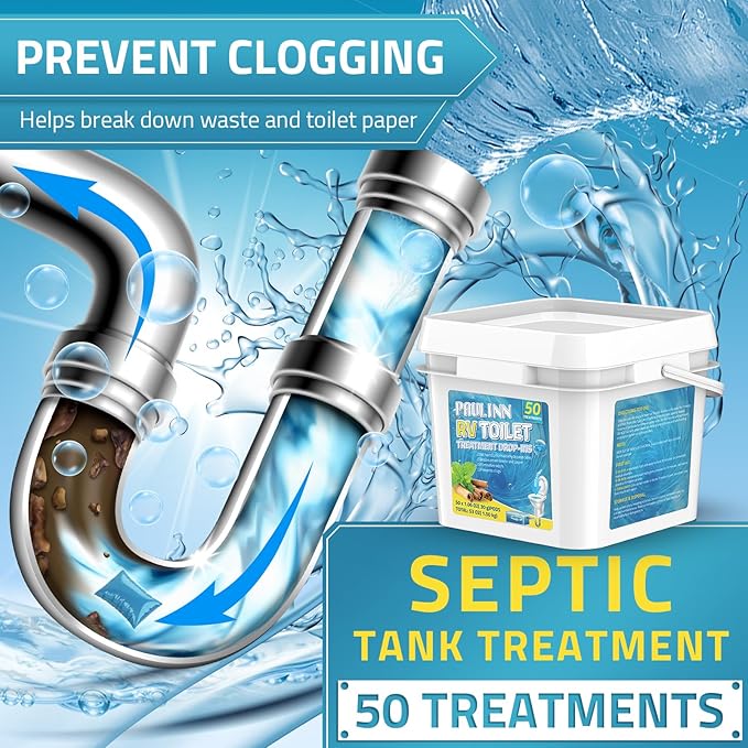 PAULINN RV Toilet Treatment Drop Ins, 50 Packs Septic Tank Treatment Pods Holding Tank Deodorizer for RV Black & Grey Water Tank Camper Marine Boat Camping