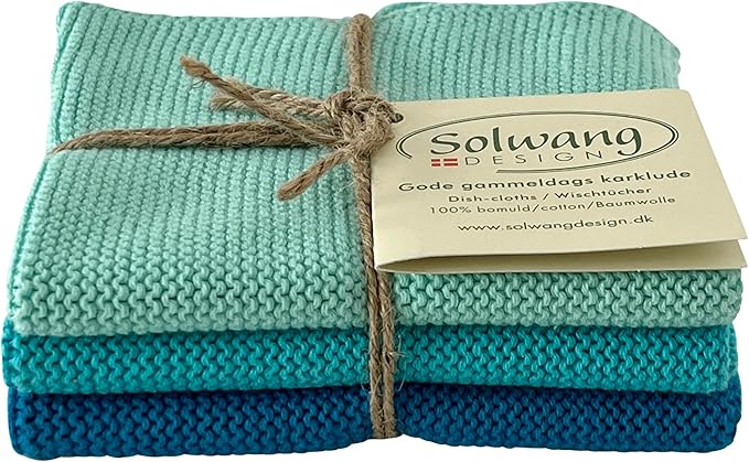 Solwang 3-Piece Danish Cotton Dishcloths in 100% Certified Organic Cotton Made in India (Dark Aqua Organic Combi), 619317045637