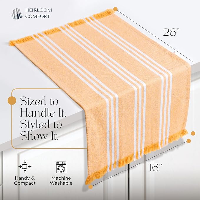 3 Pack Monochrome Stripe Dish Towels with Fringes, 16x26 Inch, 100% Cotton, Ultra Absorbent & Reusable, Quick Drying Kitchen Towels for Cleaning, Cooking, Drying, Mustard Yellow