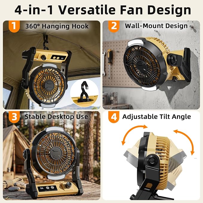 Antarctic Star Portable Camping Fan for Tent, 10000mAh Battery Operated Fan with Night Light, Stepless Speed USB Desk Fan, Quiet Personal Portable Fan with 8H Timer, Hanging Hook for Outdoor, Yellow