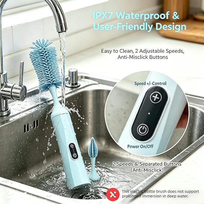 Rechargeable Electric Bottle Brush with 2 Speeds Powerful Automatic Bottle Cleaner,BPA-Free Silicone Spinning Design, Wall Mount & Straw Cleaner,Suitable for Baby Bottles & Kitchen (Alan+Alan)