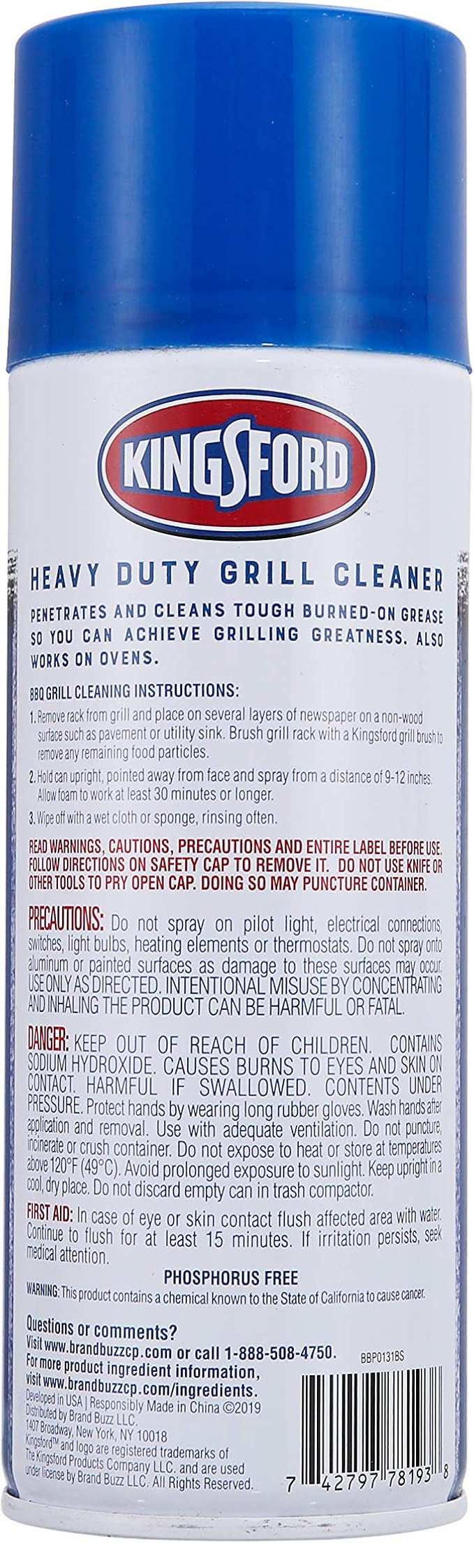 Kingsford Heavy Duty Foaming Grill Cleaner Spray, BBQ Degreaser for Charcoal & Gas Grills, Cuts Grease, Burnt-On Food & Grime, Easy Spray-On Foam for Grill Grates & Surfaces, Aerosol Can, 14.5 Oz
