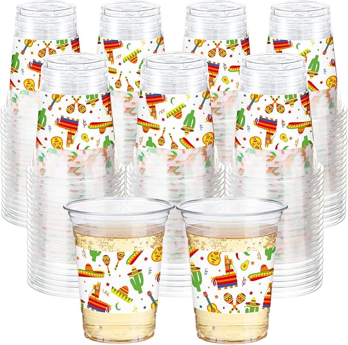 100 Pcs Fiesta Plastic Cups 12 oz Mexican Disposable Clear Plastic Drinking Cups Bulk for Cinco De Mayo Fiesta Taco Mexican Birthday Party Decoration Supplies