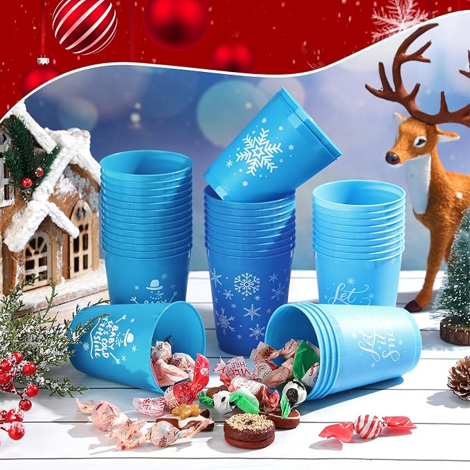 Ziliny 60 Pcs Winter Plastic Cups Reusable Winter Snowflake Coffee Cups Tumblers Snow Holiday for Hot Cold Drinks Chocolate Beer Party New Year Holiday Supplies(16 oz)